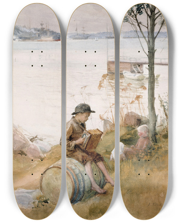 Triptych art skateboard deck of Albert Edelfelt Serenade On The Embankment_1 by Albert Edelfelt (1854-1905)