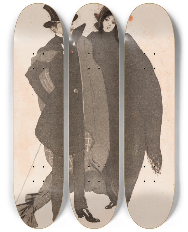 Triptych art skateboard deck of Armand Rassenfosse Les Diaboliques by Armand Rassenfosse (1862-1934)
