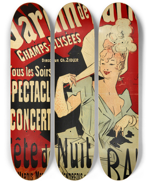 Triptych art skateboard deck of Jules Chret Tous Les Soirs Spectacle Concert by Jules Cheret (1836-1932)