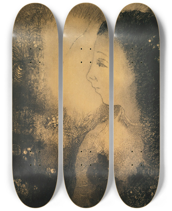 Triptych art skateboard deck of Odilon Redon Profil De Femme Avec Fleurs by Odilon Redon (1840-1916)