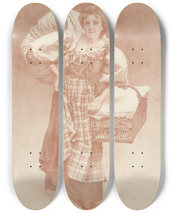 Triptych art skateboard deck of Camille Flix Bellanger The Laundress by Camille Felix Bellanger (1853-1923)