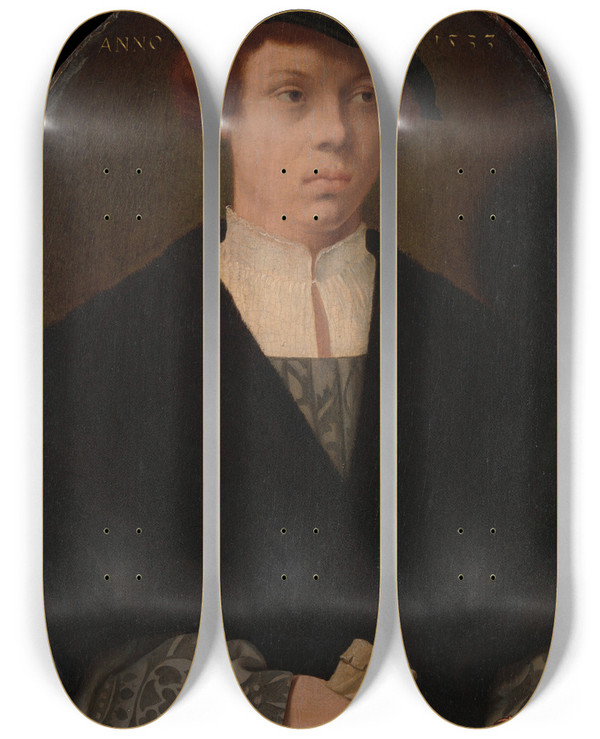 Triptych art skateboard deck of Barthel Bruyn The Elder Portrait Of A Man_2 by Barthel Bruyn The Elder (1493-1555)