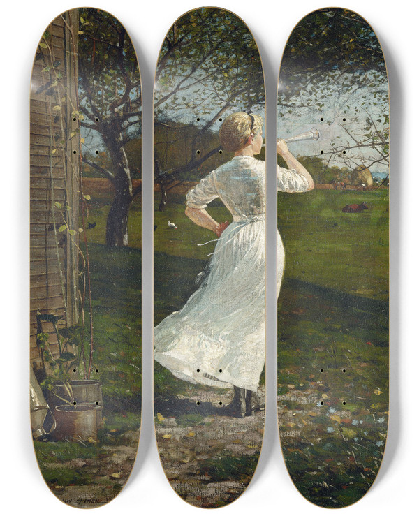 Triptych art skateboard deck of Winslow Homer The Dinner Horn Blowing The Horn At Seaside by Winslow Homer (1836-1910)