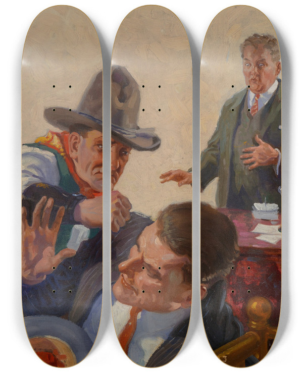 Triptych art skateboard deck of Harry T Fisk Bank Robbery by Harry T Fisk (1887-1974)