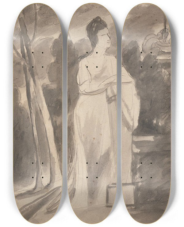 Triptych art skateboard deck of George Romney Woman At A Column by George Romney (1734-1802)