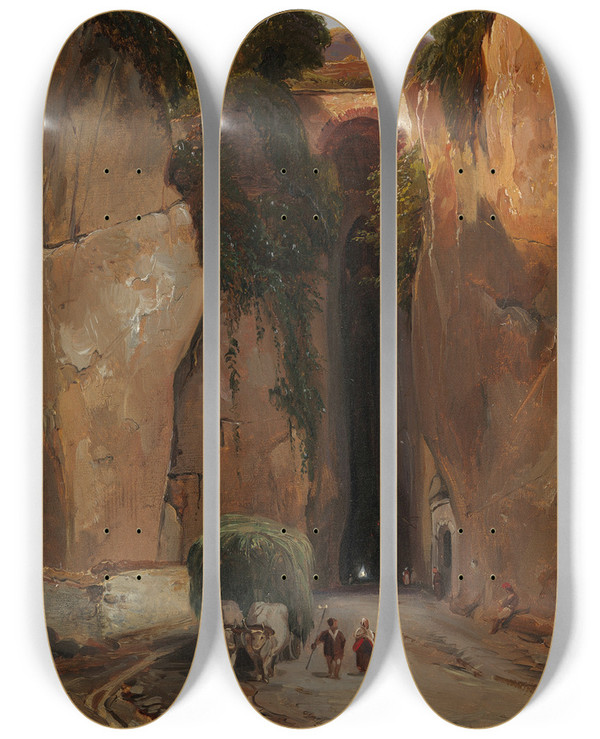 Triptych art skateboard deck of Jeancharles Joseph Rmond Entrance To The Grotto Of Posilipo by Jean-Charles Joseph Rmond (1795-1875)