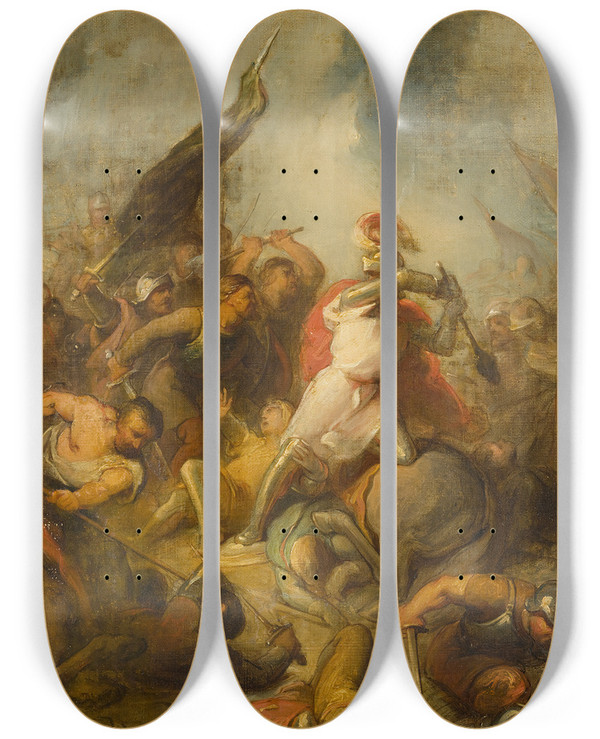 Triptych art skateboard deck of Antonie F Zrcher Bishop Otto Ii Of Utrecht Is Killed In The Battle Of Ane Anno 1226 by Antonie F Zurcher (1825-1876)