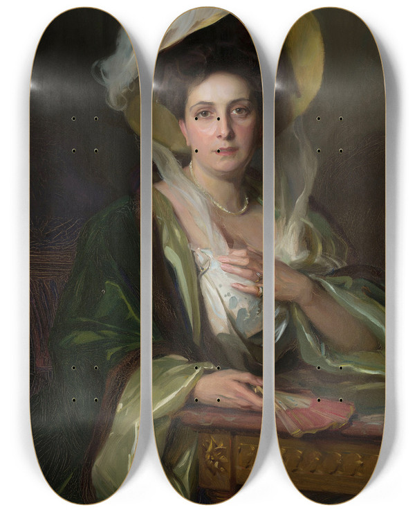 Triptych art skateboard deck of Philip Alexius De Lszl Portrait Of A Lady In A Large Hat by Philip Alexius de Lszl (1869-1937)