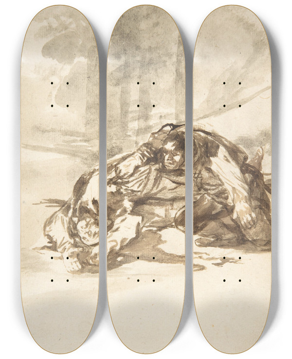 Triptych art skateboard deck of Francisco De Goya A Man Stabbing Another by Francisco de Goya (1746-1828)