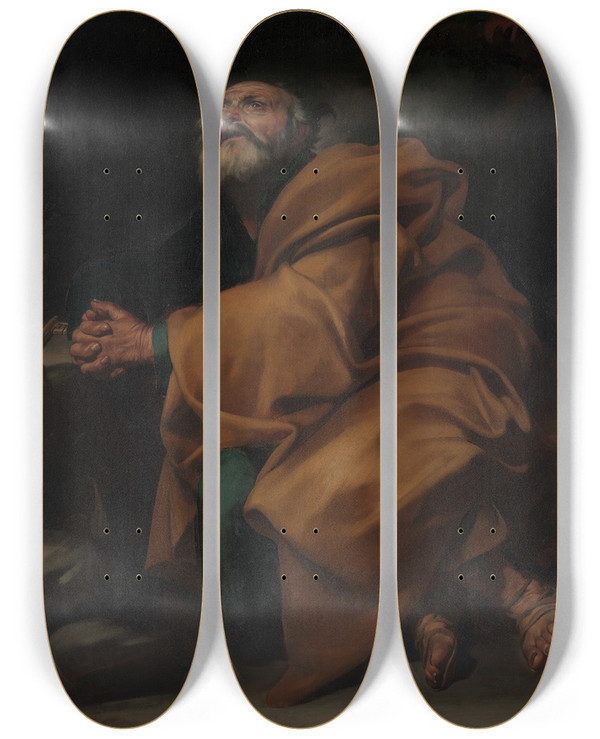 Triptych art skateboard deck of Jusepe De Ribera The Tears Of Saint Peter by Jusepe de Ribera (1591-1652)