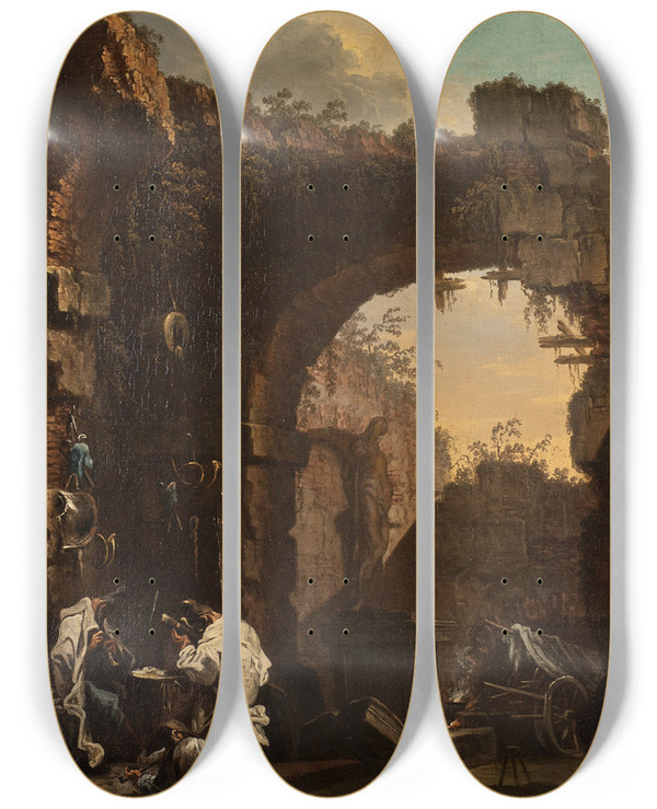 Triptych art skateboard deck of Alessandro Magnasco Concert In The Ruins by Alessandro Magnasco (1667-1749)