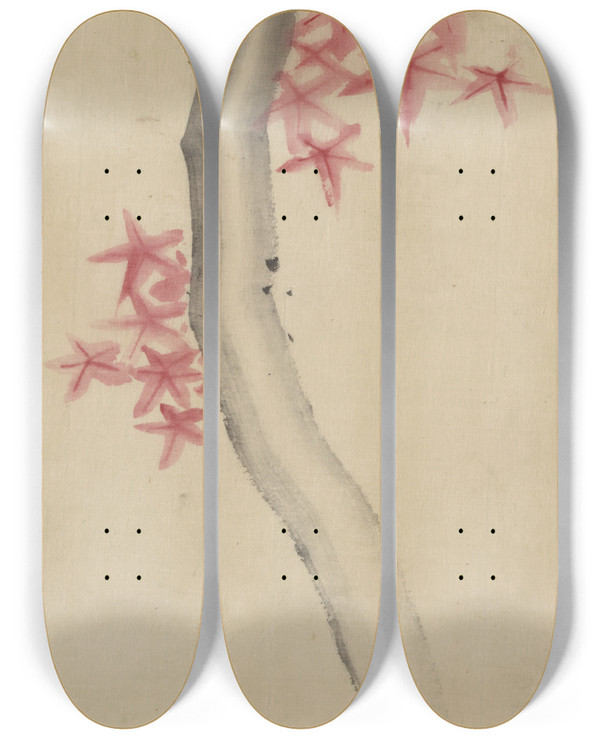 Triptych art skateboard deck of Katsushika Hokusai Unidentified Possibly A Tree Branch With Red Starshaped Leaves Or Blossoms by Katsushika Hokusai (1760-1849)