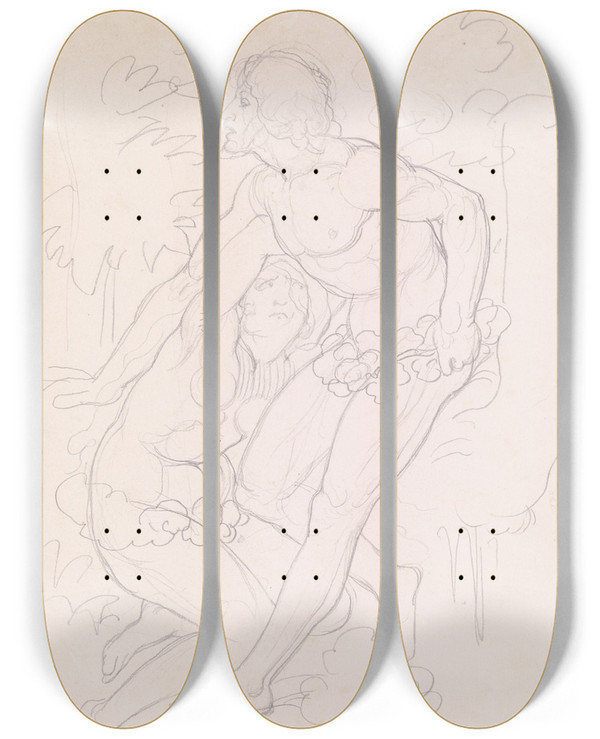 Triptych art skateboard deck of Eduard Von Steinle Adam Und Eva Sich Verbergend by Eduard Von Steinle (1810-1886)