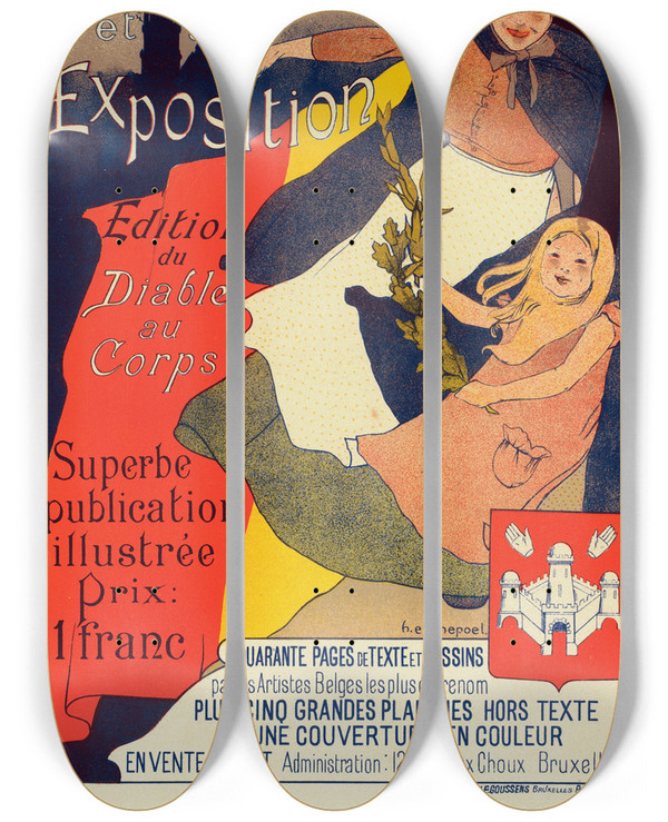 Triptych art skateboard deck of Henri Evenepoel Anvers Et Son Exposition by Henri Evenepoel (1872-1899)
