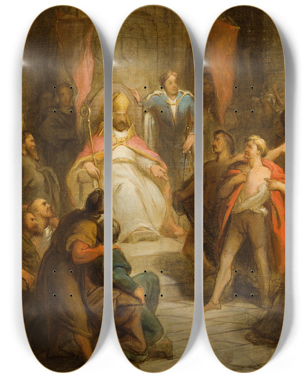 Triptych art skateboard deck of Antonie F Zrcher De Graaf Van Gelre En De Heer Van Amstel In Het Domkapittel Van Utrecht Anno 1227 by Antonie F Zurcher (1825-1876)