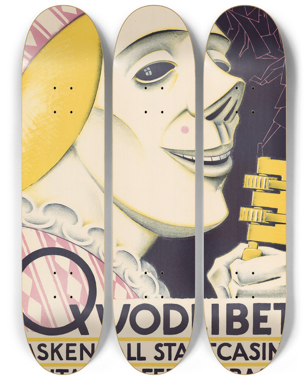 Triptych art skateboard deck of Burkhard Mangold Quodlibet Maskenball Stadtcasino by Burkhard Mangold (1873-1950)