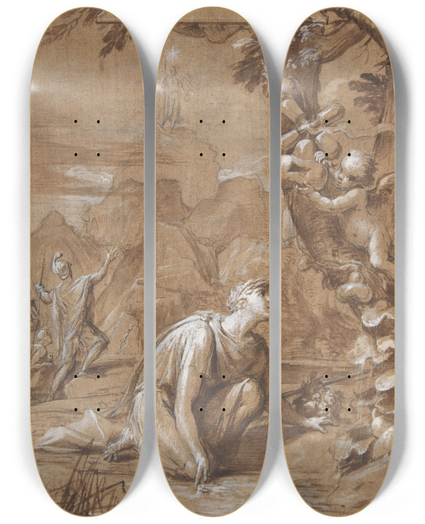 Triptych art skateboard deck of Giovanni Angelo Canini Allegorical Composition With A Young Man Kneeling Before A Tree by Giovanni Angelo Canini (1609-1666)