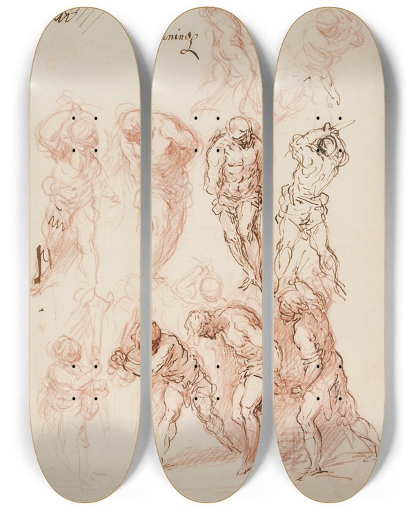 Triptych art skateboard deck of Jacopo Palma Il Giovane Studier Til En Flagellation by Jacopo Palma Il Giovane (1548-1628)