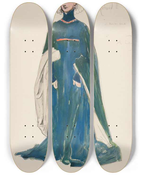 Triptych art skateboard deck of Edwin Austin Abbey A Lady Costume Sketch For Henry Irvings Planned Production Of King Richard Ii_1 by Edwin Austin Abbey (1852-1911)