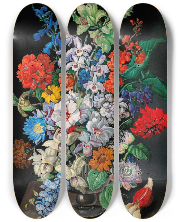 Triptych art skateboard deck of Sebastian Wegmayr A Large Bouquet Of Flowers by Sebastian Wegmayr (1776-1857)