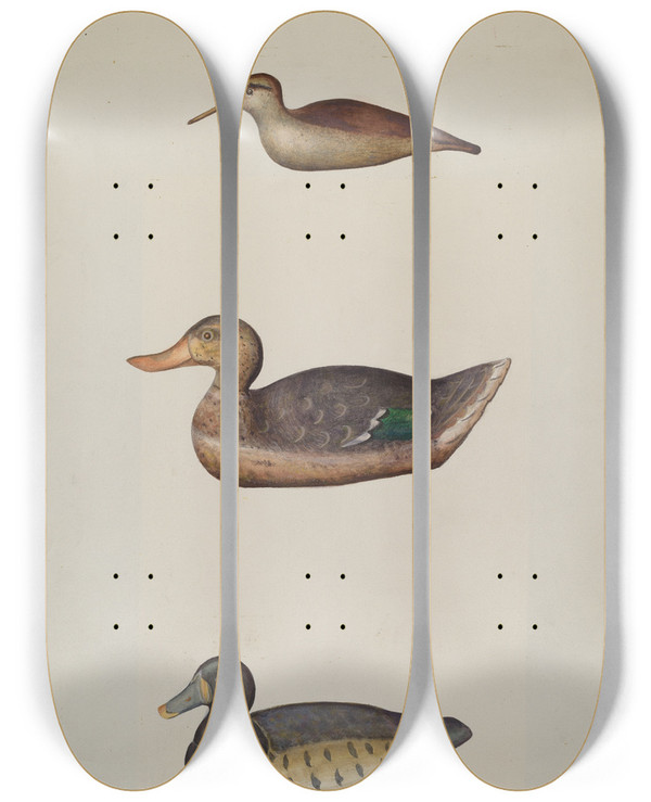 Triptych art skateboard deck of Harriette Gale Three Decoy Ducks by Harriette Gale