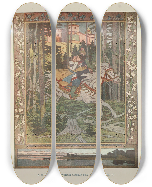 Triptych art skateboard deck of Ivan Bilibin A White Mare Which Could Fly Like The Wind by Ivan Bilibin (1876-1942)