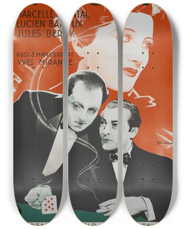 Triptych art skateboard deck of Eric Rohman Baccara by Eric Rohman (1891-1949)