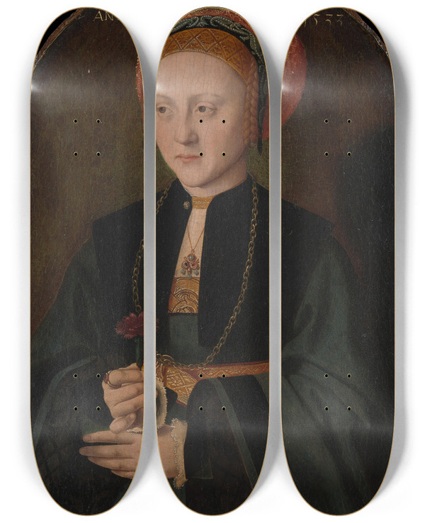 Triptych art skateboard deck of Barthel Bruyn The Elder Portrait Of A Woman_1 by Barthel Bruyn The Elder (1493-1555)