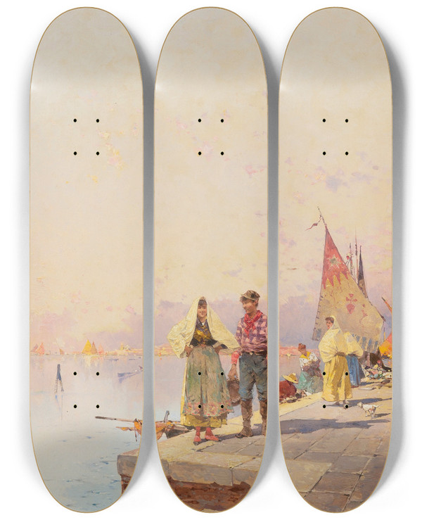 Triptych art skateboard deck of Franz Richard Unterberger A Sunny Day In Venice by Franz Richard Unterberger (1838-1902)
