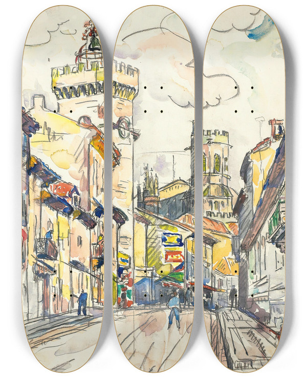 Triptych art skateboard deck of Paul Signac Viviers_1 by Paul Signac (1863-1935)