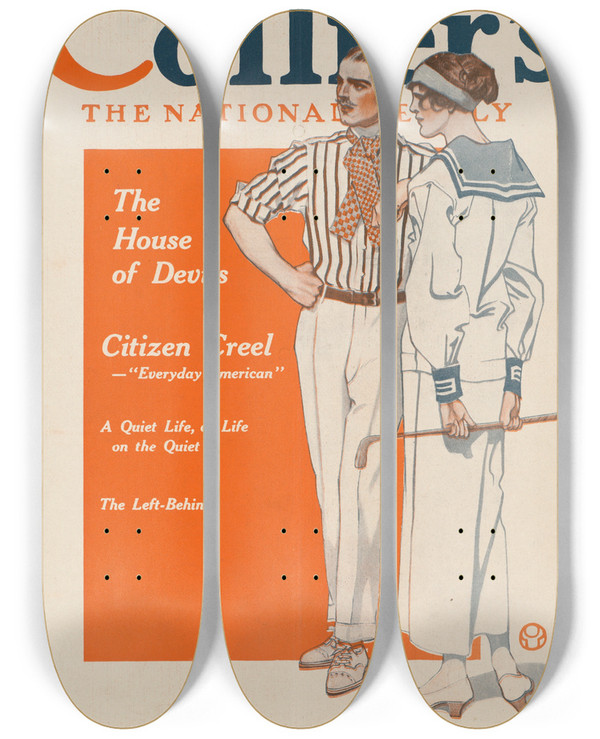 Triptych art skateboard deck of Edward Penfield Colliers The National The House Of Devils by Edward Penfield (1866-1925)