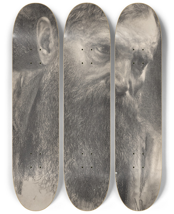 Triptych art skateboard deck of Adolph Von Menzel Head Of A Bearded Man In Halfprofile by Adolph Von Menzel (1815-1905)