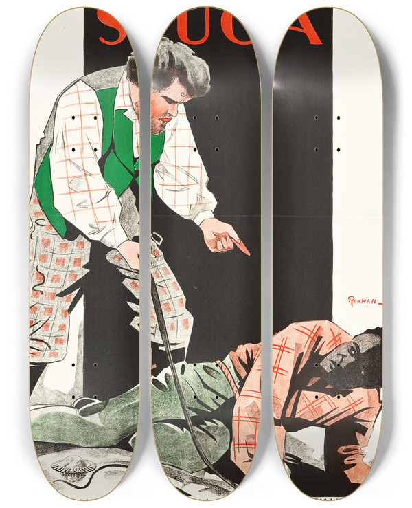 Triptych art skateboard deck of Eric Rohman Uncle Toms Cabin by Eric Rohman (1891-1949)
