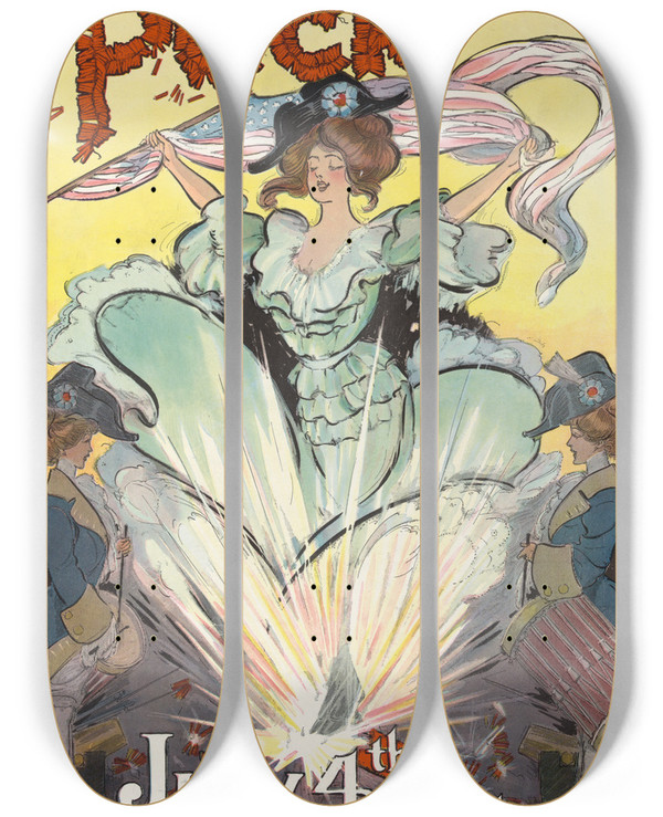 Triptych art skateboard deck of Frank Arthur Nankivell Puck July 4Th 1904 by Frank Arthur Nankivell (1869-1959)