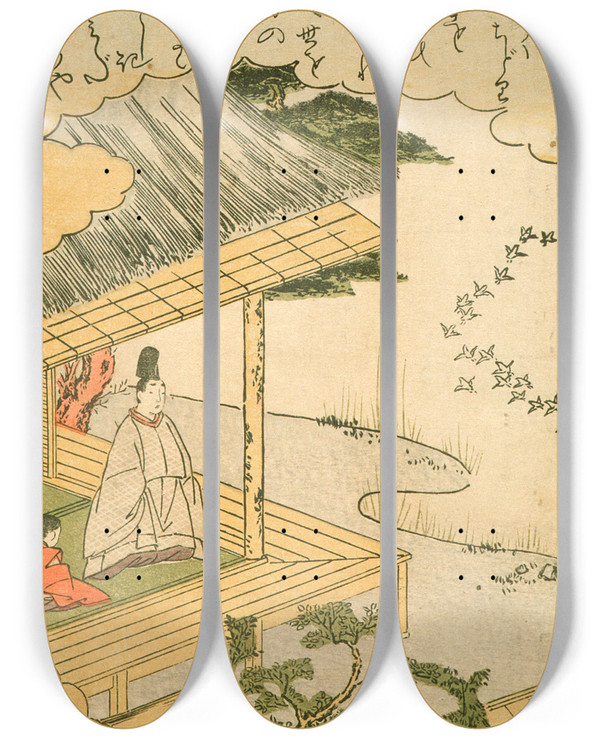 Triptych art skateboard deck of Katsukawa Shunsh The Syllable Ru by Katsukawa Shunsho (1726-1792)