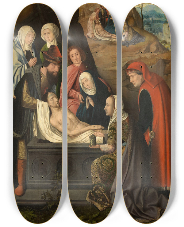 Triptych art skateboard deck of Master Of Hoogstraeten Entombment And The Lamentaion Over The Dead Christ by Master Of Hoogstraeten (1475-1530)
