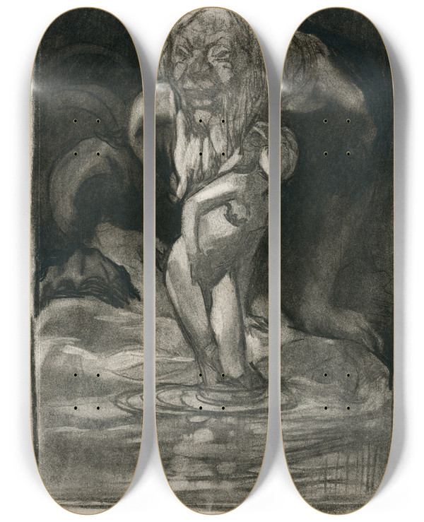 Triptych art skateboard deck of Johannes Josephus Aarts Badende Vrouw Met Reus by Johannes Josephus Aarts (1871-1934)