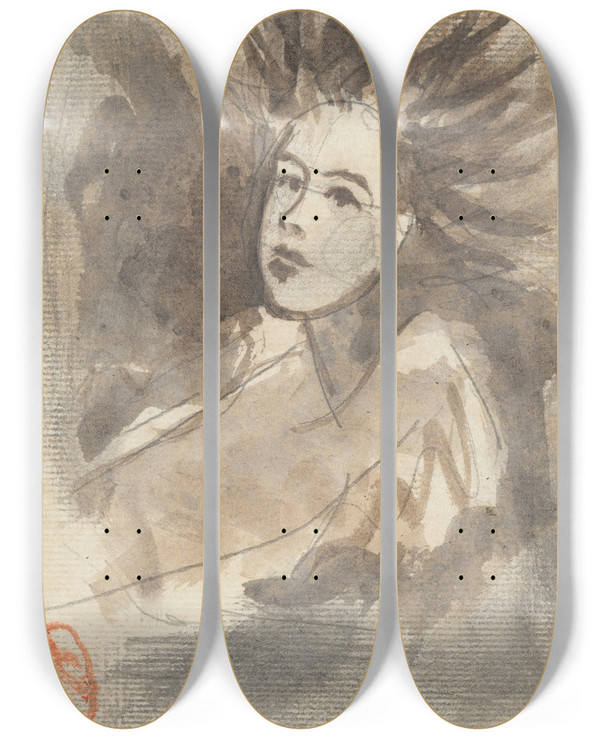 Triptych art skateboard deck of George Romney Sketch_3 by George Romney (1734-1802)
