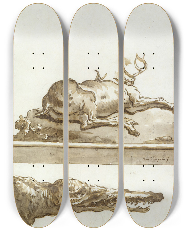 Triptych art skateboard deck of Giovanni Domenico Tiepolo The Head Of A Crocodile by Giovanni Domenico Tiepolo (1727-1804)