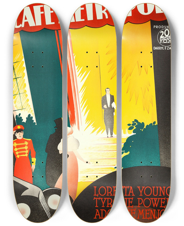 Triptych art skateboard deck of Eric Rohman Cafe Metropole by Eric Rohman (1891-1949)