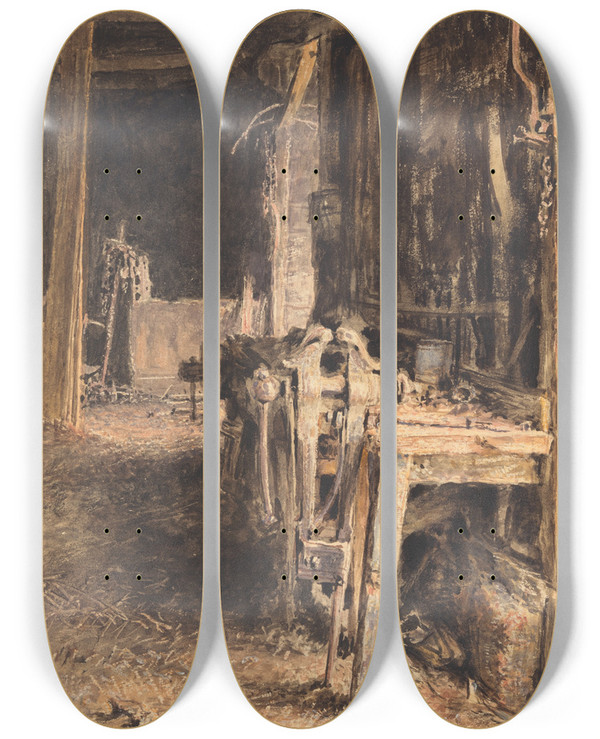Triptych art skateboard deck of William Henry Hunt Barn Interior by William Henry Hunt (1790-1864)