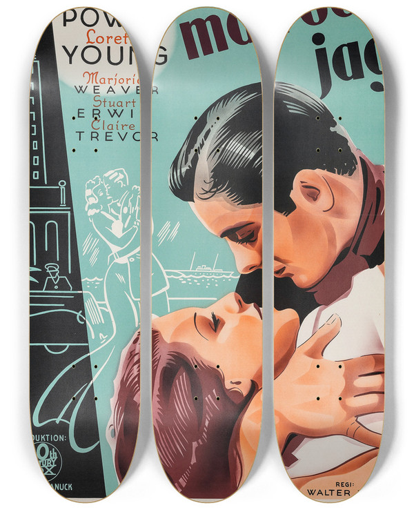 Triptych art skateboard deck of Eric Rohman Second Honeymoon by Eric Rohman (1891-1949)
