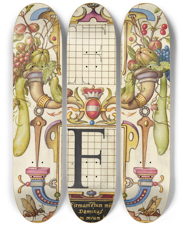 Triptych art skateboard deck of Joris Hoefnagel Guide For Constructing The Letter F by Joris Hoefnagel (1542-1600)