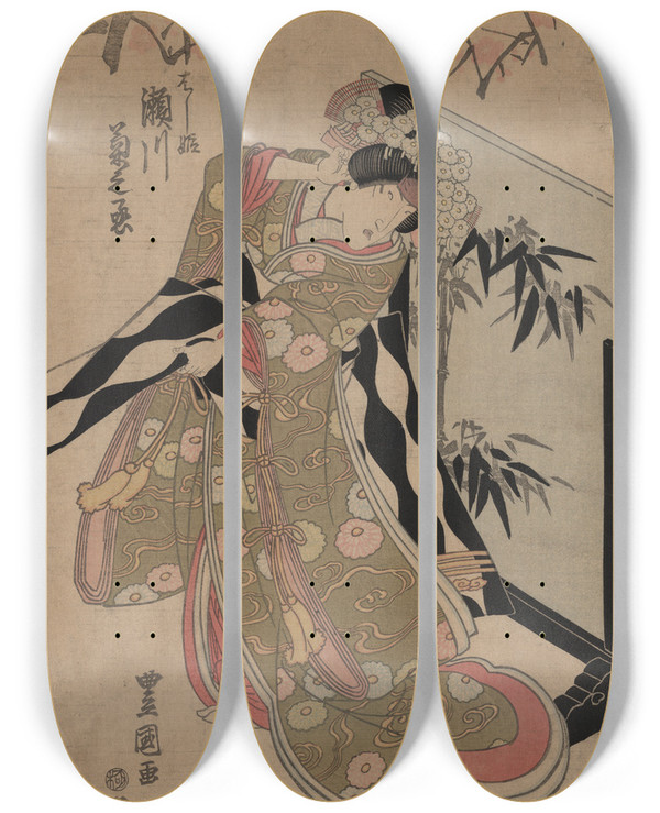 Triptych art skateboard deck of Toyokuni Utagawa Segawa Kikunoj No Hashihime by Toyokuni Utagawa (1769-1825)