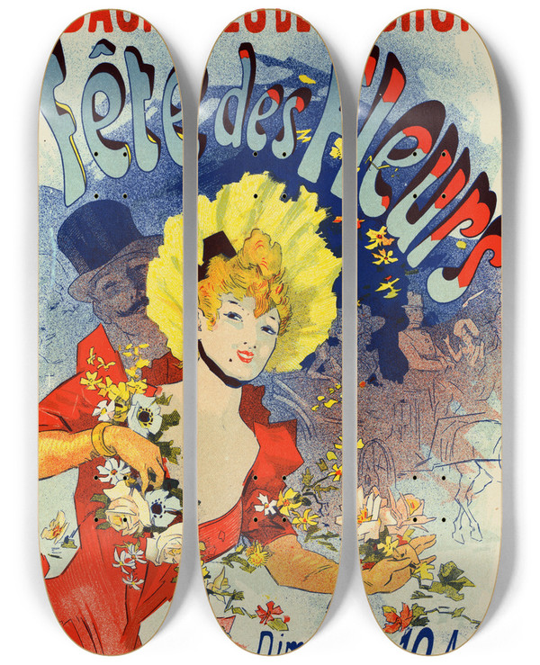 Triptych art skateboard deck of Jules Chret Fte Des Fleurs De Bagnresdeluchon by Jules Cheret (1836-1932)