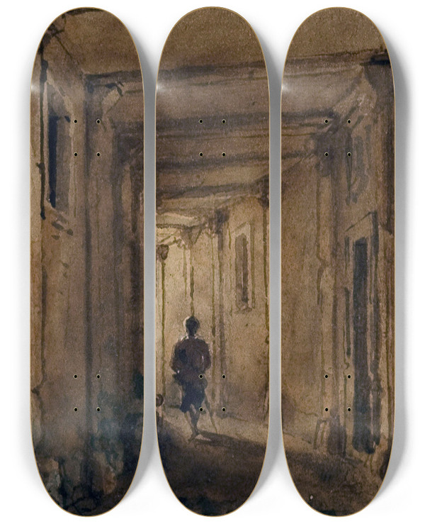 Triptych art skateboard deck of Augustesbastien Bnard Passage Des Jacobins Rue Saint Jacques by Auguste-Sbastien Bnard (1810-1873)