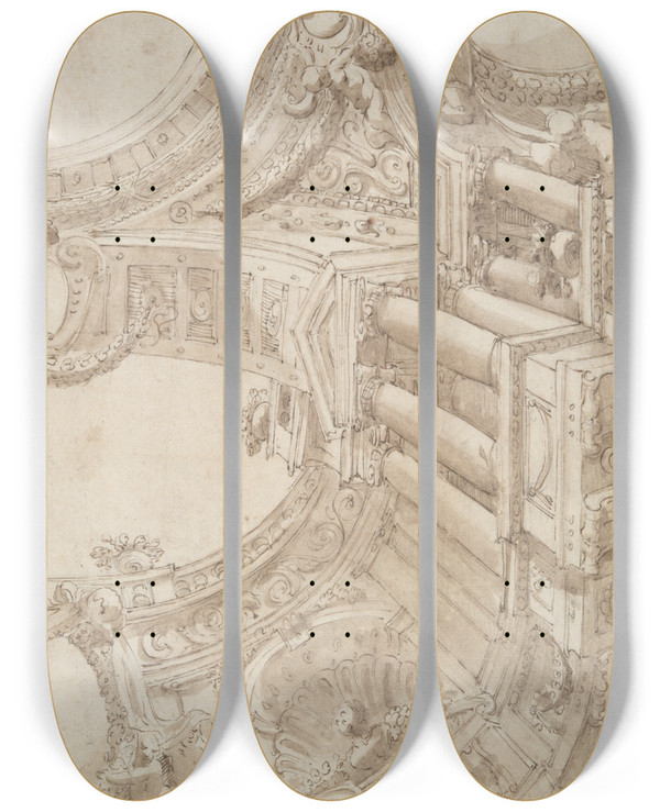 Triptych art skateboard deck of Ferdinando Galli Bibiena Architecturalstudy by Ferdinando Galli Bibiena (1657-1743)