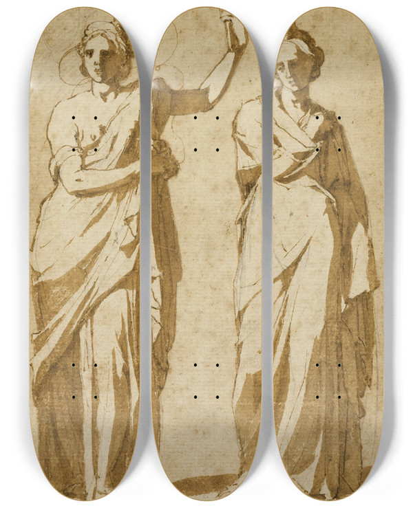 Triptych art skateboard deck of Andrea Boscoli Two Standing Female Figures Studies After Classical Statuary by Andrea Boscoli (1560-1608)