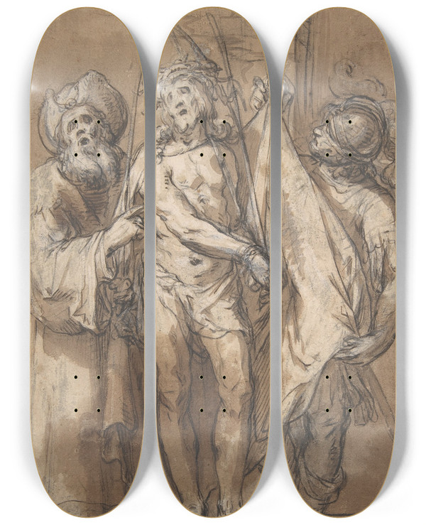 Triptych art skateboard deck of Abraham Bloemaert Ecce Homo by Abraham Bloemaert (1564-1651)