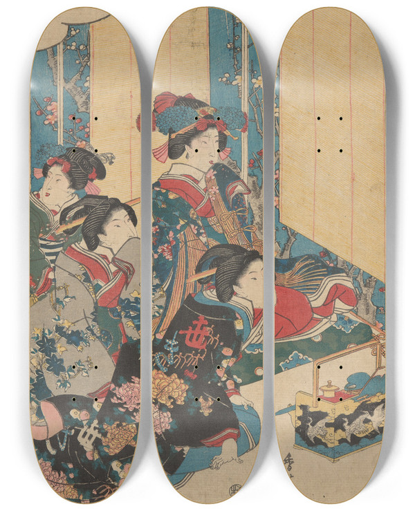 Triptych art skateboard deck of Utagawa Kunisada Toyokuni Iii Four Courtesans Elaborately Garbed by Utagawa Kunisada (Toyokuni III) (1786-1865)